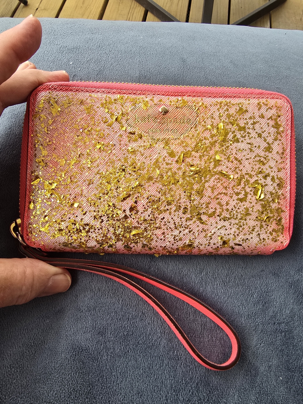 Kate Spade EUC Pink Glitter Gold Flake Wristlet Clutch 7.25x4.75